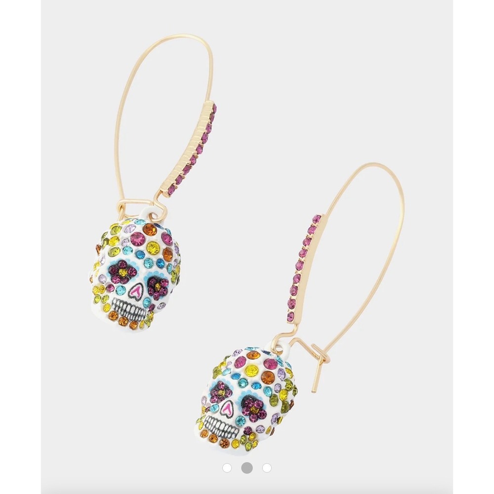 Betsey Johnson Multicolor Crystal Sugar Skull Drop Earrings Gold Tone
